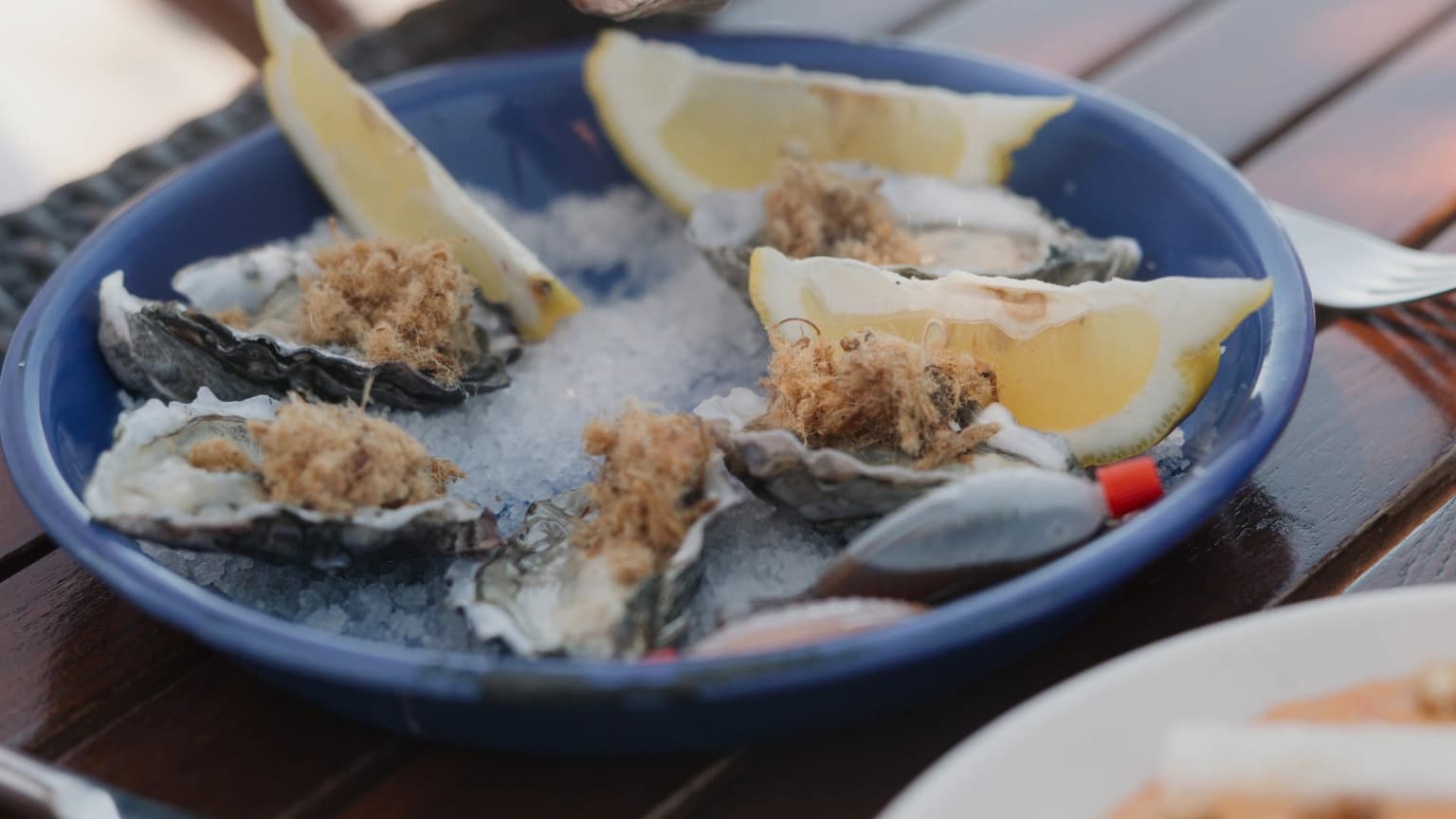 Ostiones frescos con limón, servidos en un plato azul sobre la mesa de madera de El Caimancito