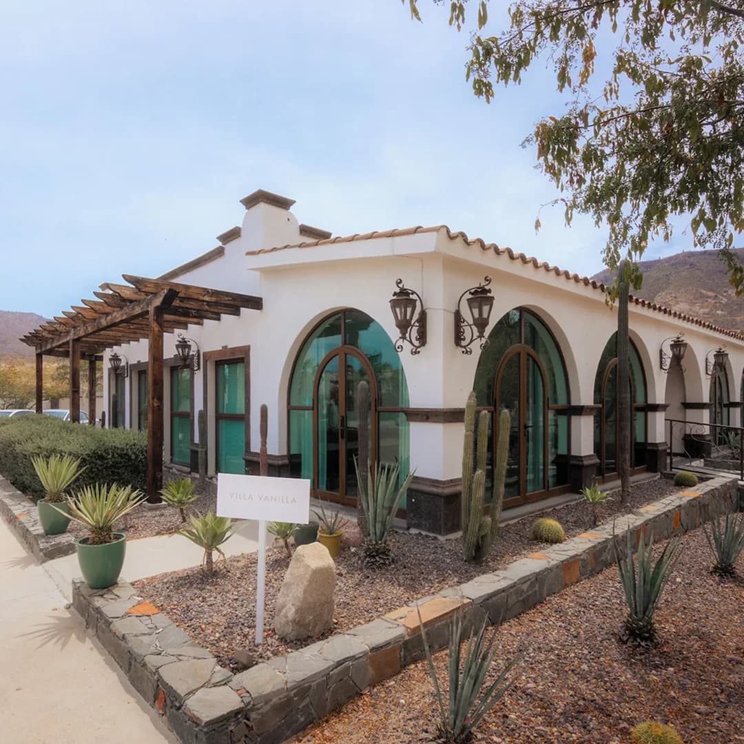 A white facade with glass arches and a garden of agaves and cacti in front